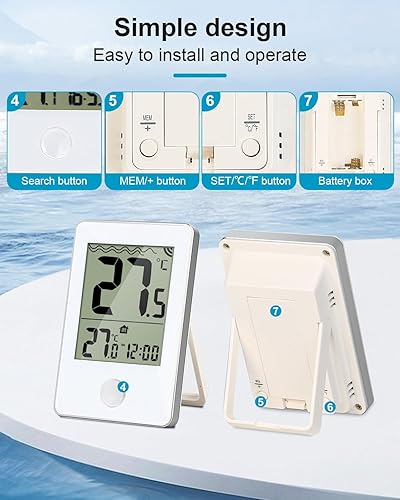 Miniatura 5 de Termómetro digital para piscina al aire libreinterior, inalámbrico, flotante, fácil lectura, IP67, impermeable, con monitor de temperatura para