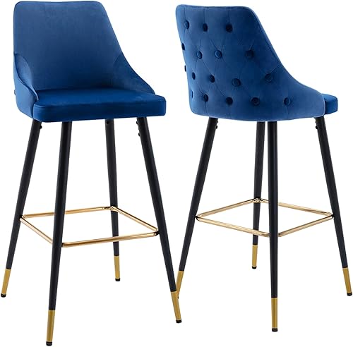DUHOME Juego de 2 taburetes de bar con botones de terciopelo, modernos taburetes de bar de 30 pulgadas con respaldo y base dorada para cocina, Azul,