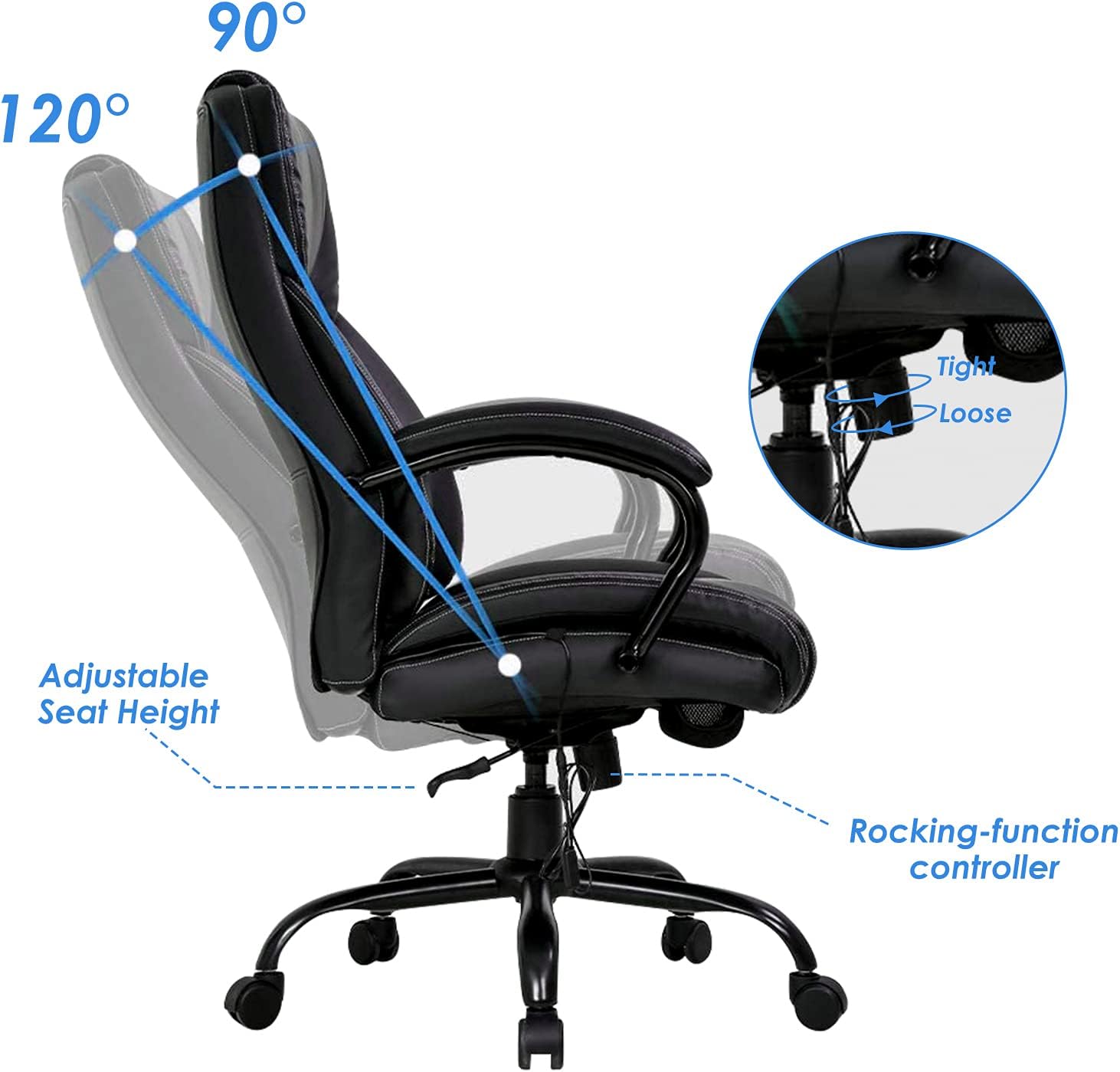 Big and Tall Office Chair 500Lb Desk Chair Wide Seat with USB Massage, Swivel Executive High Back Chair with Lumbar Support Armrest, Black PU Leather : Office Products