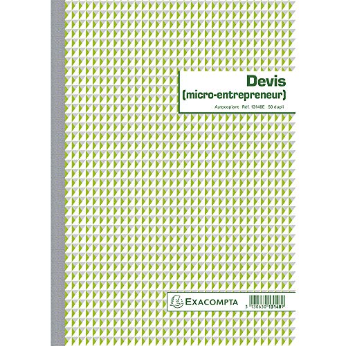 Exacompta - Réf. 13148E - 1 manifold Devis Micro-entrepreneur - 50 feuillets numérotés et autocopiants en 2 exemplaires (1 original + 1 copie) - format A4 - fabriqué en France