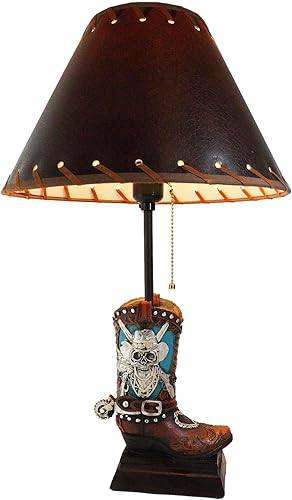 Ebros Gift Cuero sintético rústico occidental Country Wild West Skull con pistolas de doble cruzado, bota vaquera y lámpara de mesa de escritorio