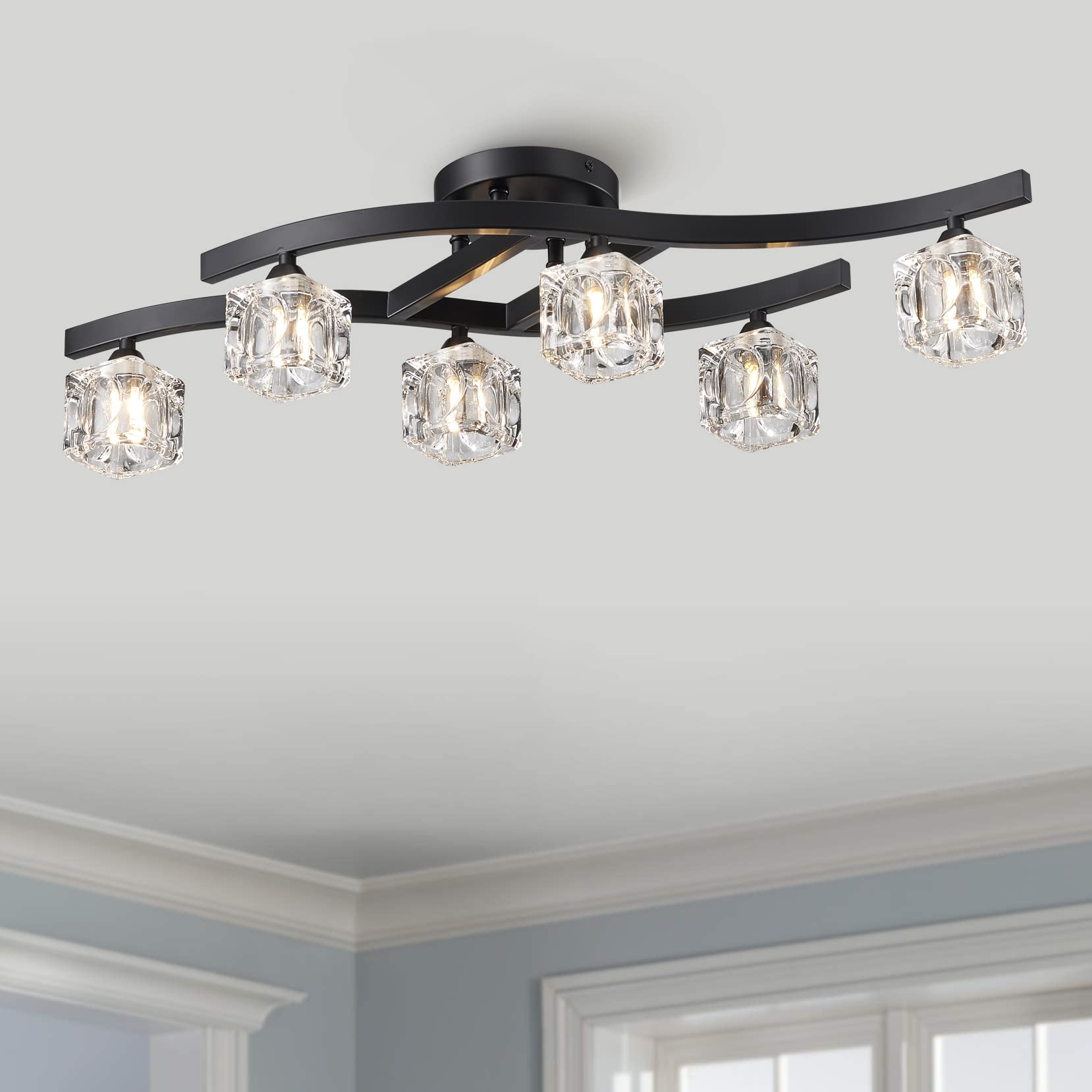 Bestier Modern Elegant Glass Crystal Ceiling Light Chandelier 6 Light Black Flushmount Lighting Fixture L 30.5in W 10in H 7.5in