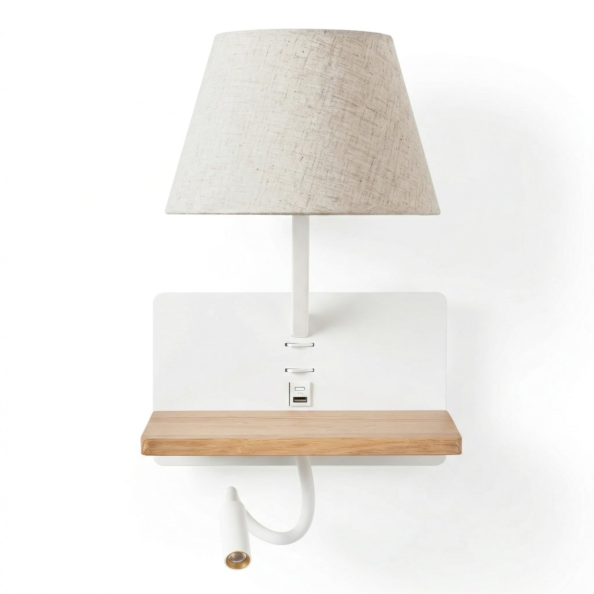 BARCELONA LED applique da parete con paralume in tessuto BEIGE, USB e USB-C ricarica, mensola in legno, luce lettura LED E27, stile naturale retrò industrial moderno minimalista classico camera