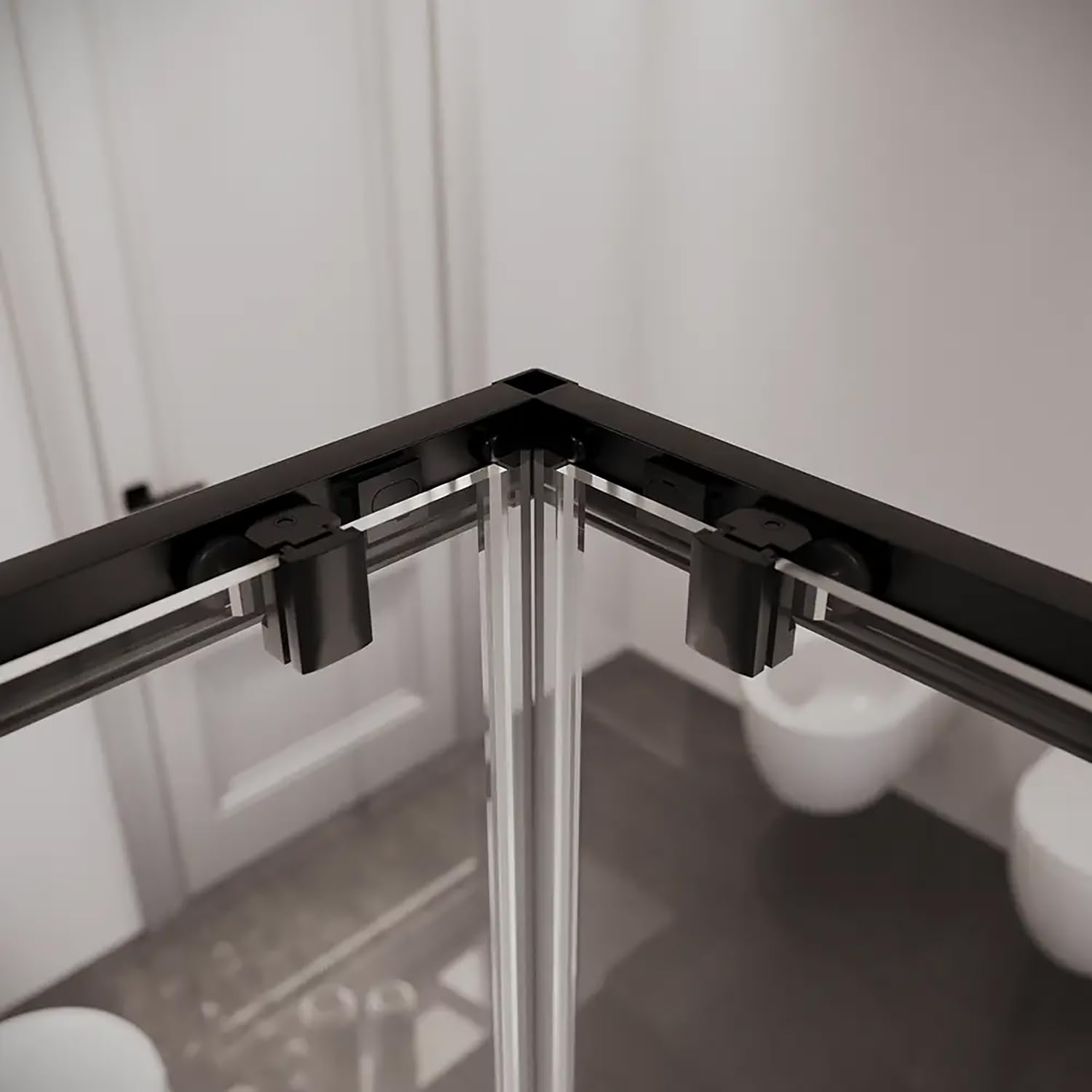 Box Doccia Angolare Mod. Java 80x80cm Apertura Scorrevole Vetro Temperato 6mm Trasparente Profili in Alluminio Nero Opaco 16 Carrelli Scorrevoli Maniglia in ABS