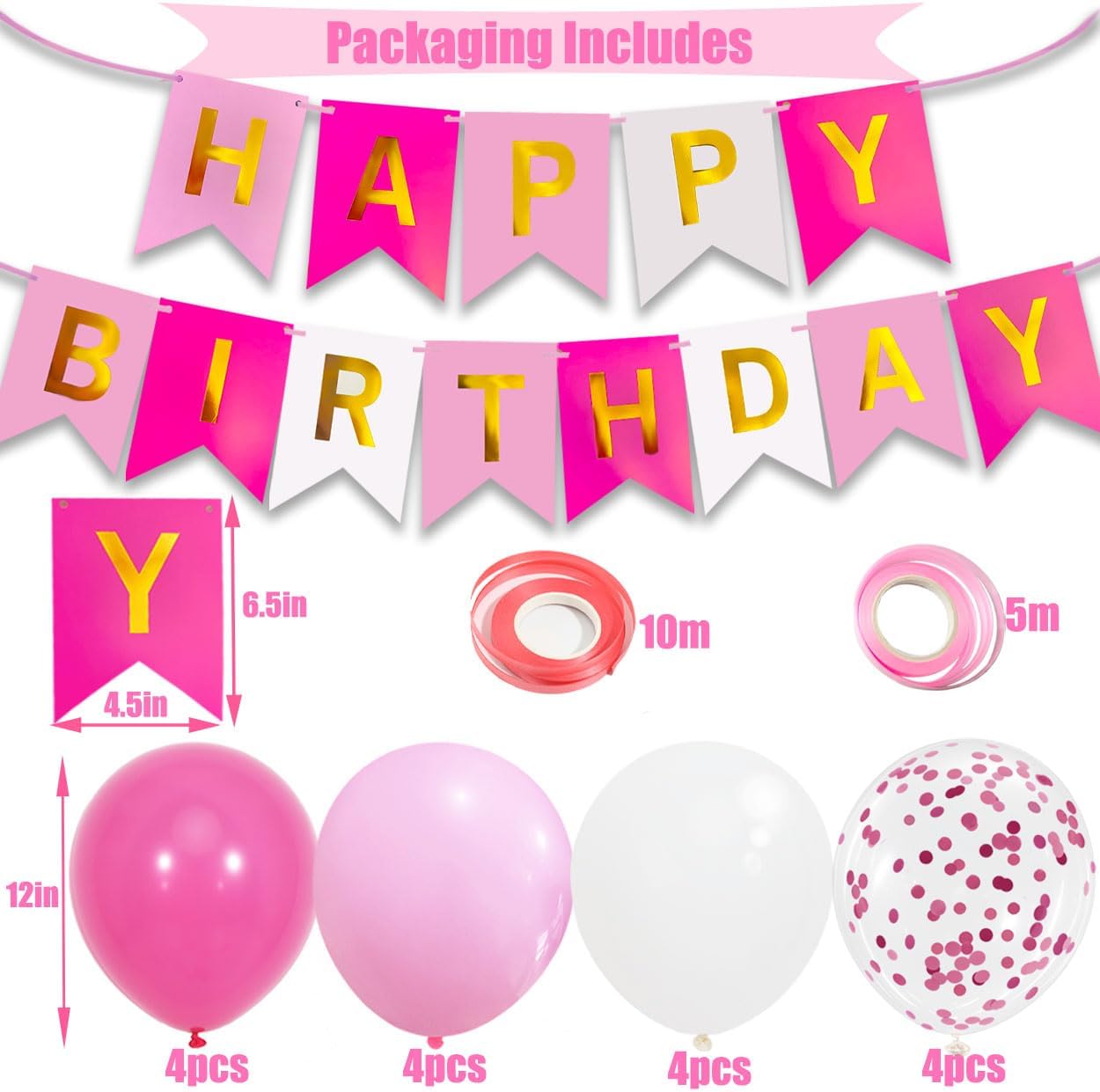 Pink Birthday Decorations, Happy Birthday Banner, 16 pcs 12 inch Balloons with 2 Ribbons for Girl and Women Party Decoration - Image 3