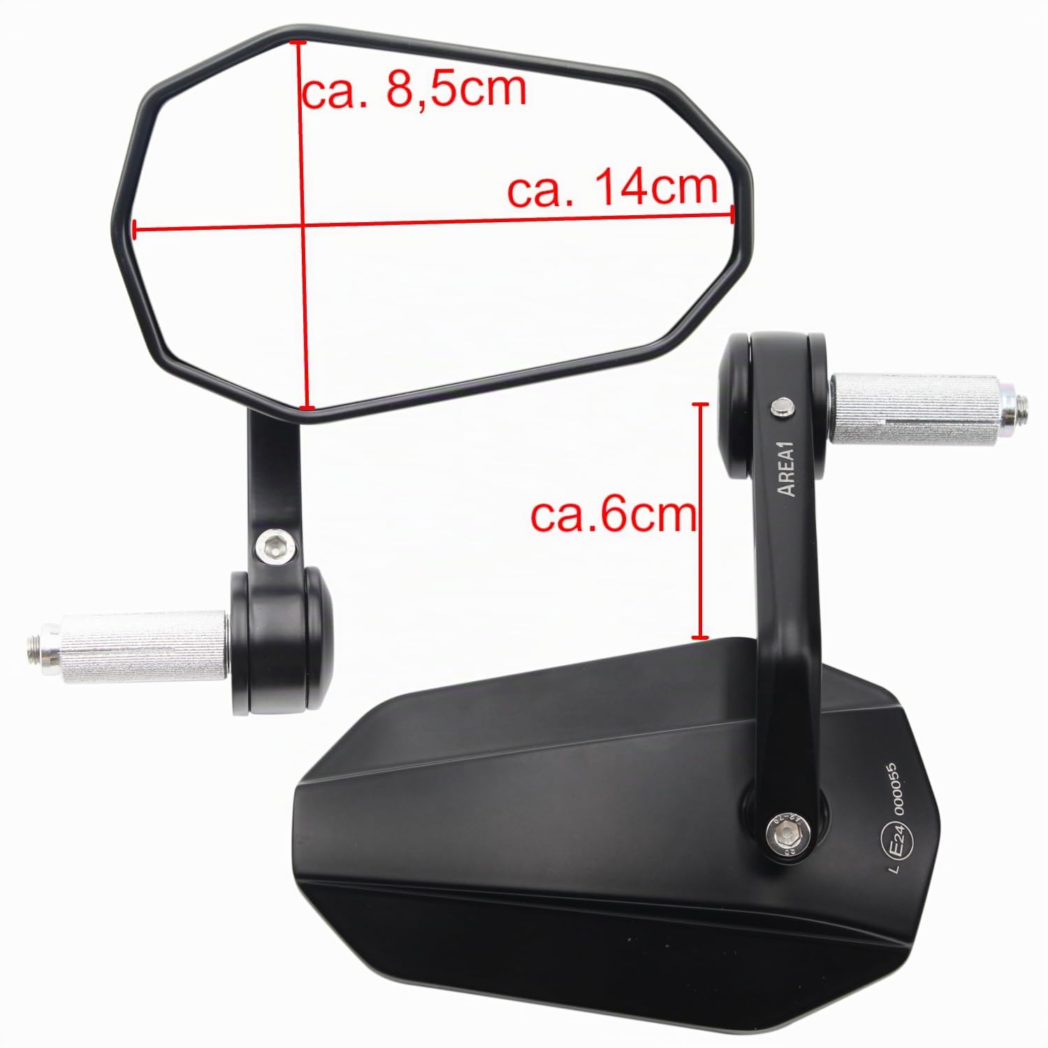 Area1 Specchietti Retrovisori Moto Universali da Manubrio, Coppia Omologata E – Compatibili con Duke SMC/R MT07 MT09 MT125 Z900 Z650 Z500 Z125 CMX CB 500 Hornet SV650 GSXS GSF Bandit R12 S1000 Tuono