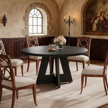 Round Dining Table for 4-6 People, 47 Inches Dining Room Table with Wooden Pedestal Base, Black Dinner Tables, Circle Kitchen Tables for Dining Room, Kitchen, Living RoomTable Only