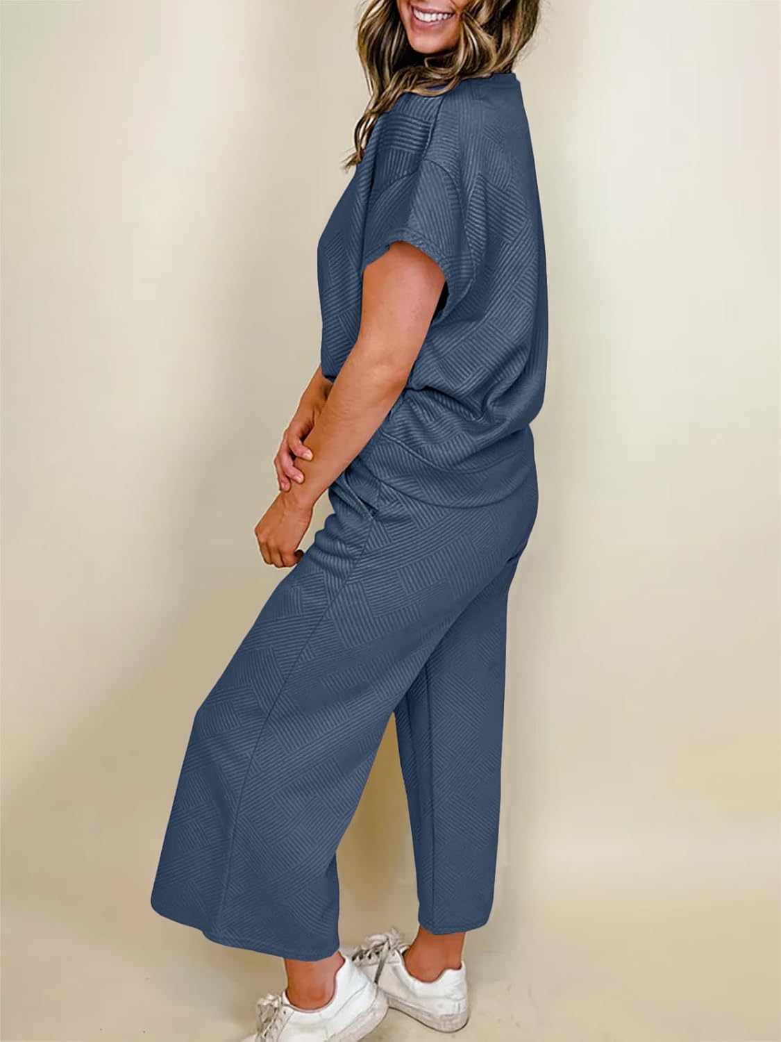 Fazortev Womens 2 Piece Outfits Sweatsuit Short Sleeve Tops and Drawstring Waist Cropped Wide Leg Pants Loungewear Sets - Image 2