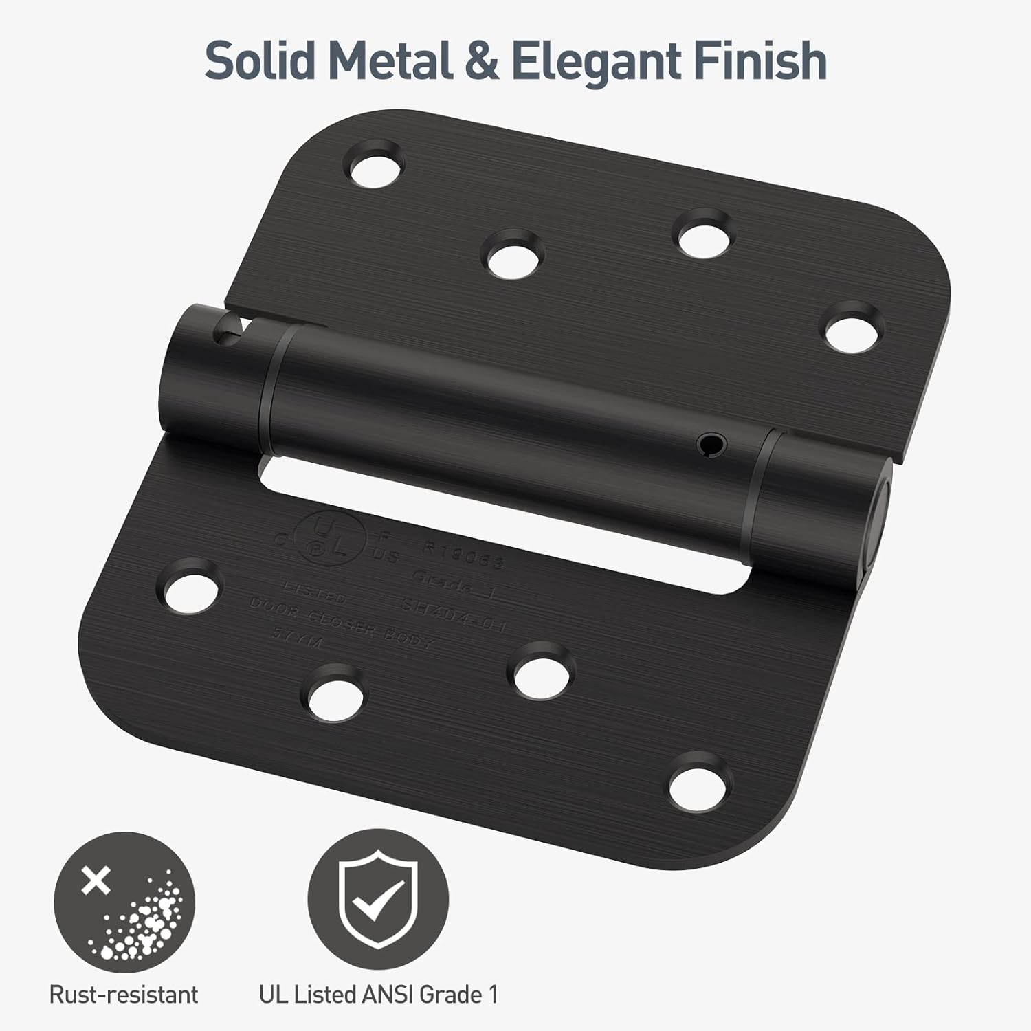 HOSOM Self Closing Door Hinge 4 Inch Spring Loaded Hinge Adjustable Tension for Garage, Front Door, Back Door, UL Listed, for Left and Right Hand Door, 5/8'' Radius Corners, Matte Black, 2 Pack