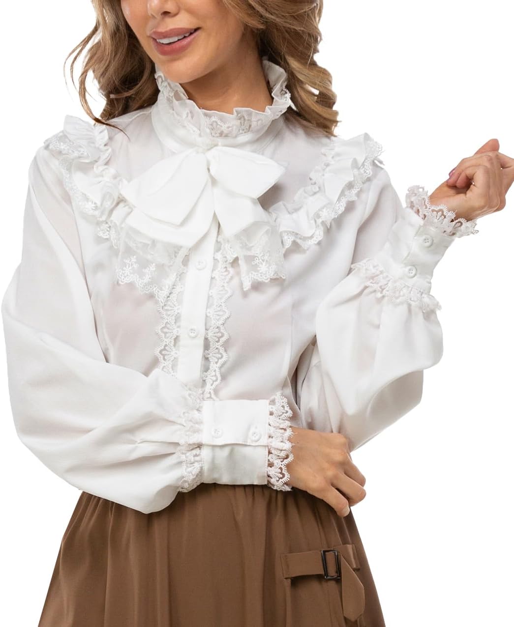 Women Victorian Blouse Long Sleeve Shirts Stand Collar Lotus Ruffle Medieval Gothic Tops