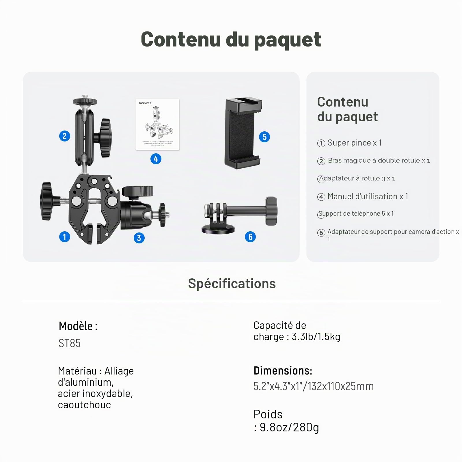 Neewer Super Pince avec Bras Magique à Double tête sphérique de 7,6 cm, Adaptateur de tête sphérique, Griffe, Support, Support de Pince pour caméra d'action pour Surface Plate/Ronde