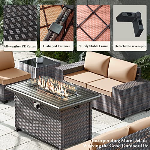 Rtdtd Outdoor Patio Furniture Set With Propane Fire Pit Table, 13 Pieces Outdoor Furniture Patio Sectional Sofa Conversation Sets W/Etl Approved 43" Gas Outdoor Fire Table & Coffee Table (Brown) #TOP5