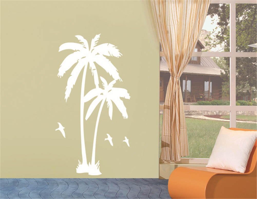 BIBITIME 2 Coconut Palms Wall Sticker White Birds Silhouette Vinyl Coco Decor Decals for Office Background Decorations Living Room Bedroom Nursery Kids Room Art Murals