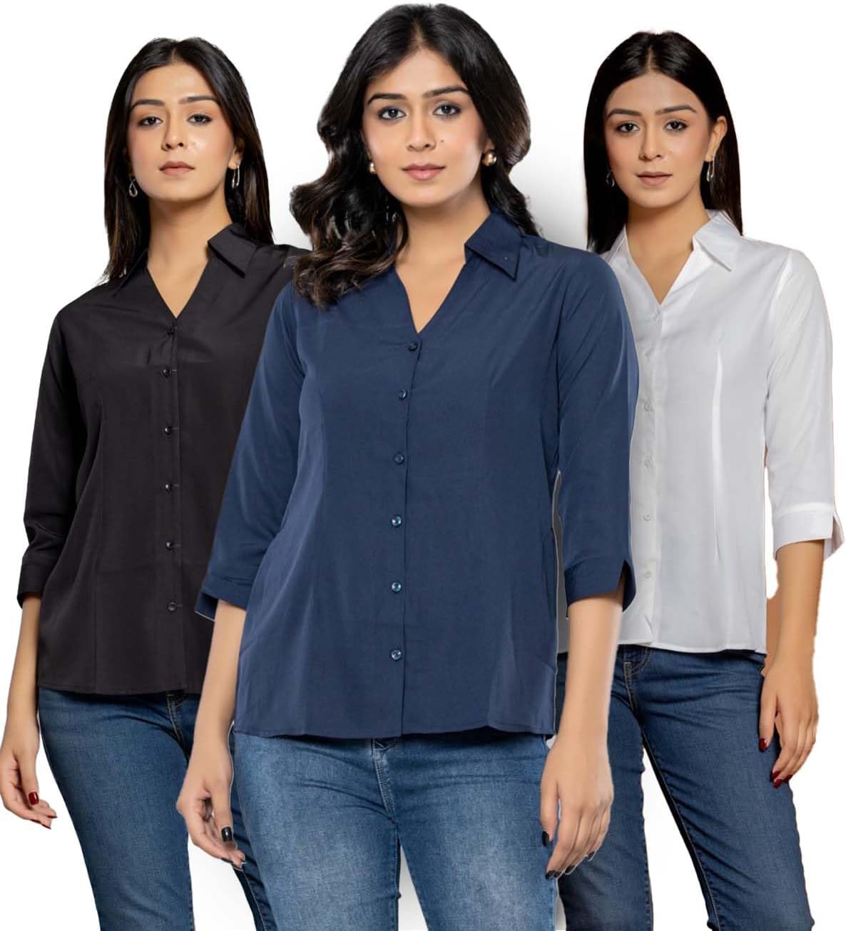 Aany's Culture Women's Shirt for Casual Wear | Spread Collar | Long Sleeve | Regular Fit | Button Closure | Shirt Crafted with Comfort Fit for Everyday Wear Option | Pack of 3 - WO-SH-PC-3