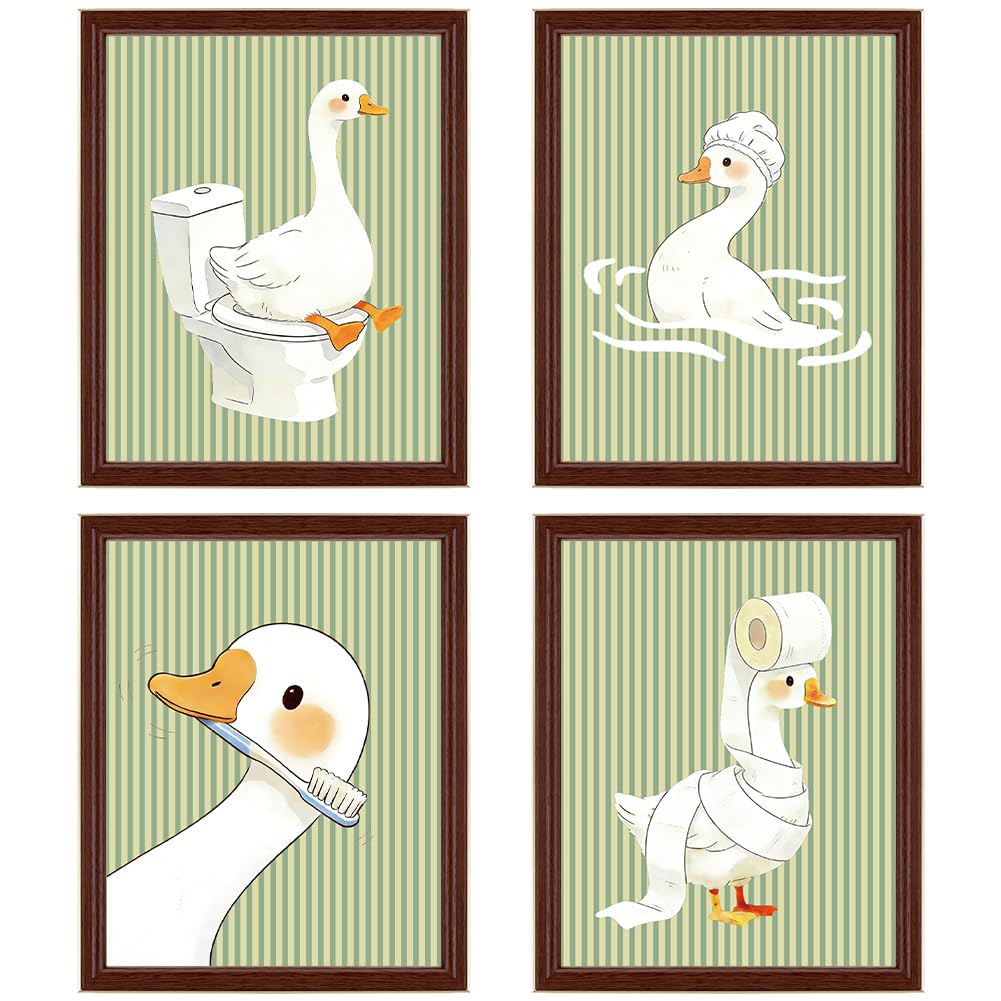 PRESSINART 4Pcs 4 Styles Goose Wall Art Decor Bathroom 8 x 10 Inch, Funny Goose Poster Cute Animals Silly Duck Pictures Wall Prints for Restroom Toilet Washroom Home Farmhouse Decoration Unframed