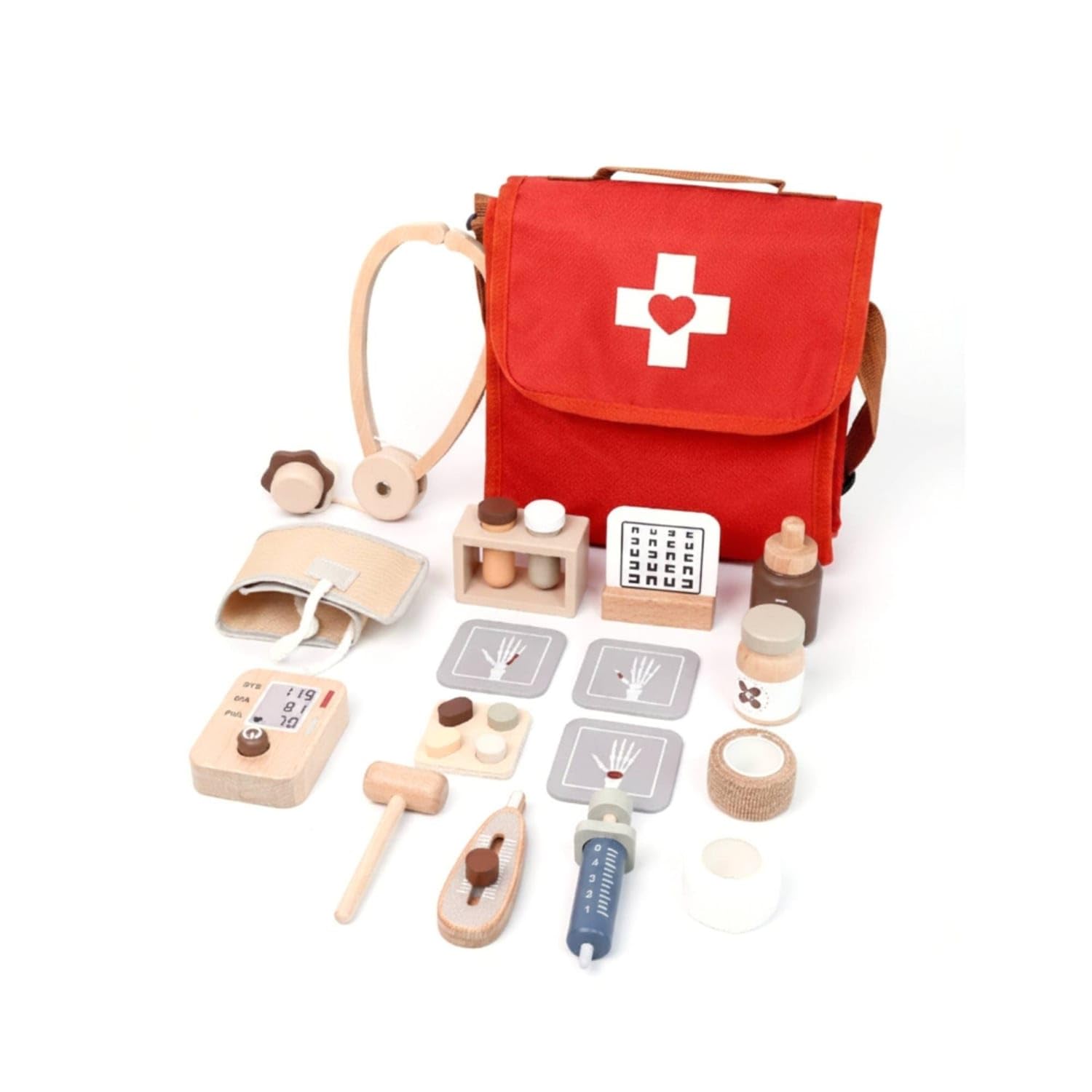 Textile Wooden Doctor Backpack Set Carrying Handle Pretend Medical