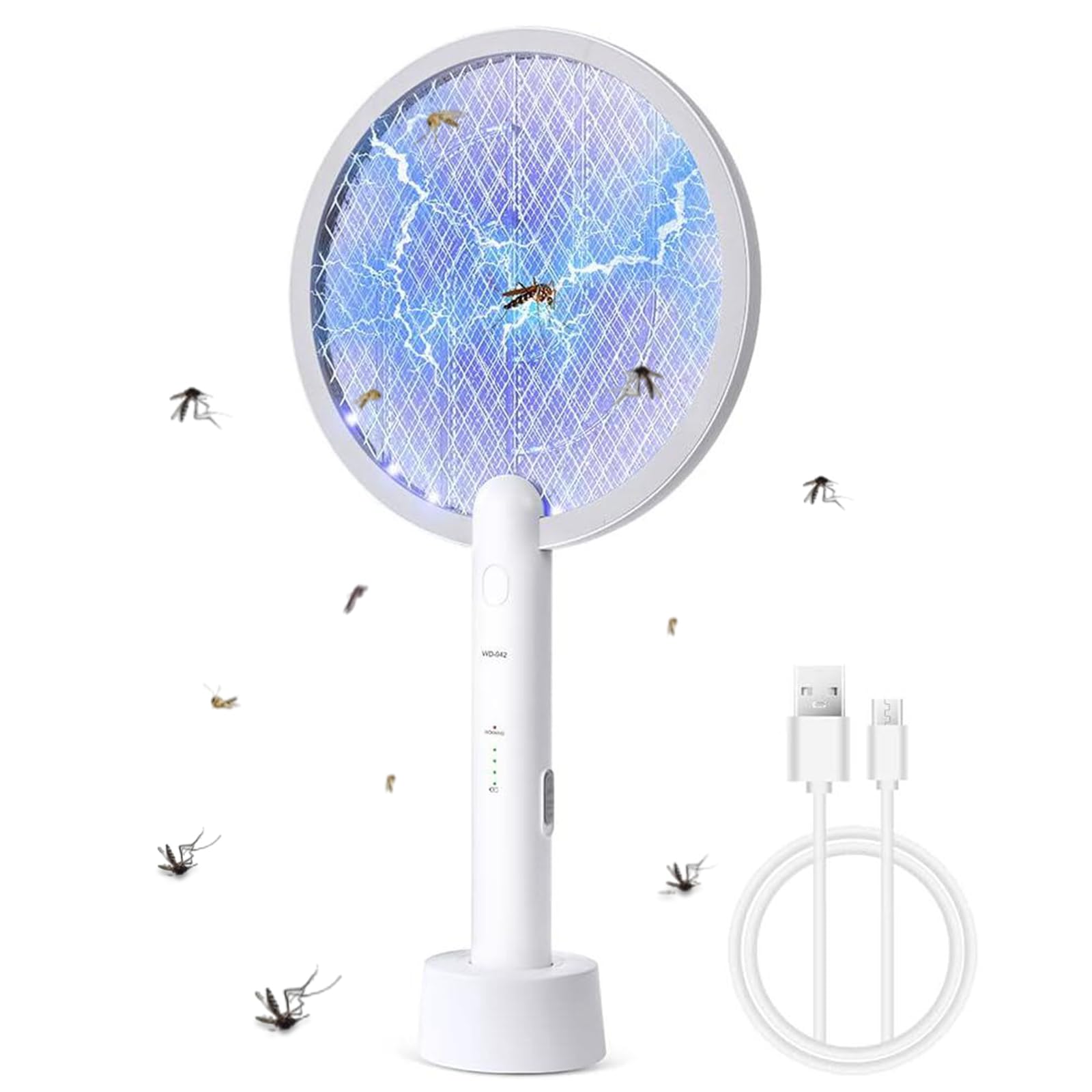 Flintronic Raquette Electrique Insectes, 3000V Raquette Anti Moustiques Électrique avec USB Base de Charge, 3 Couches Protection en Maille et Lumière de Nuit LED, Tapetteà Mouche Electrique