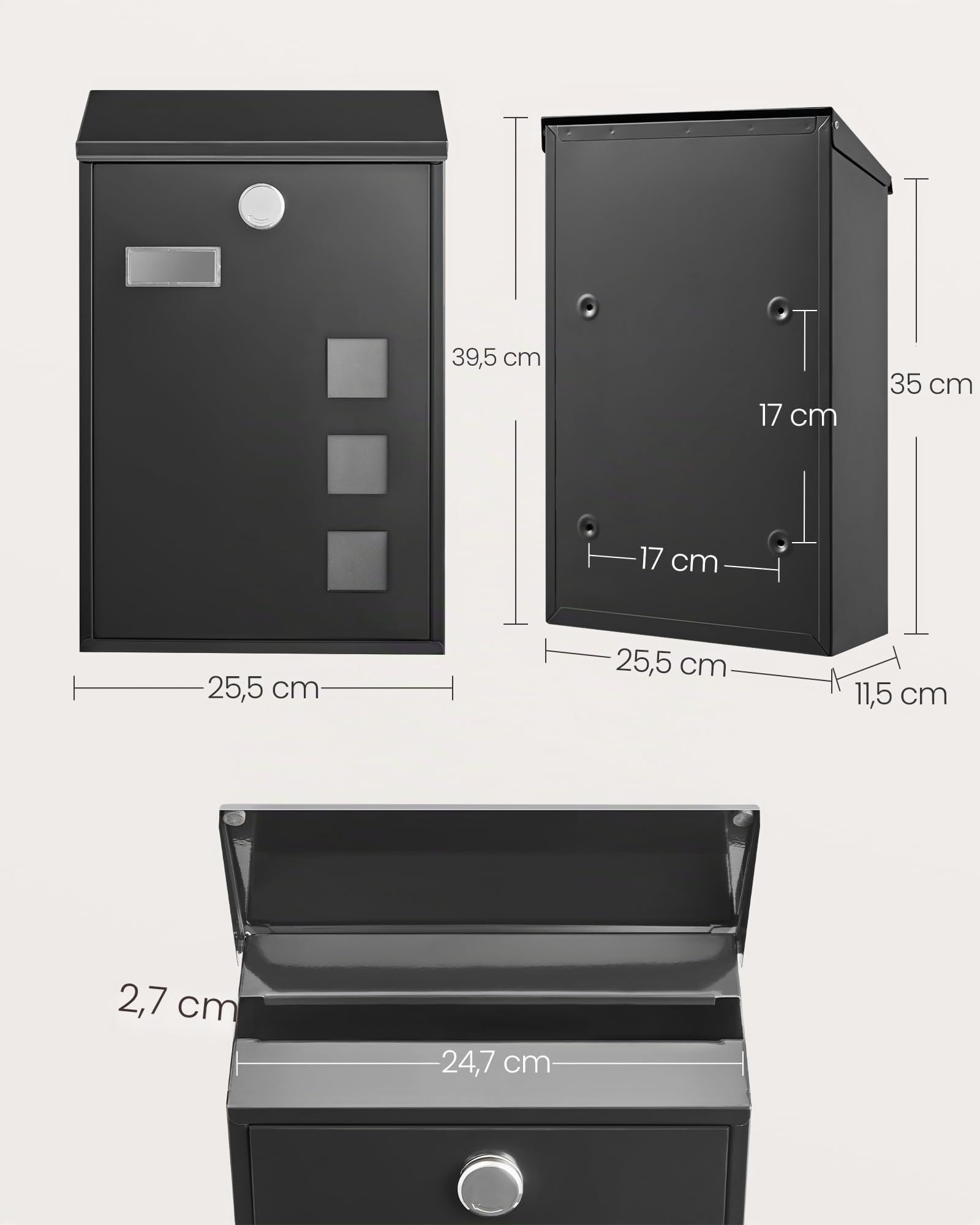SONGMICS Cassetta Postale, Cassetta della Posta da Parete, con Finestrelle, Targhetta, Serratura con Copertura, Facile da Montare, Moderno, Nero GMB031B02