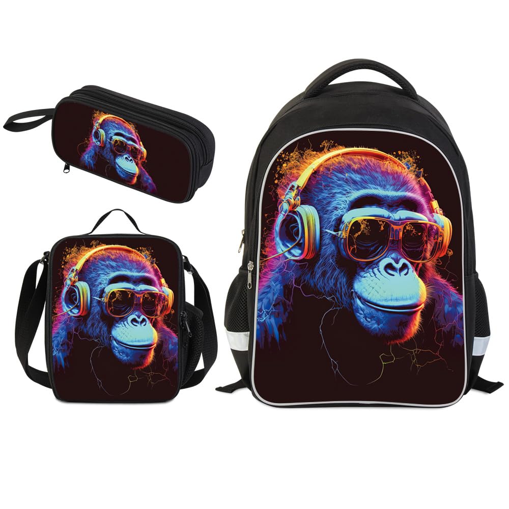 HiMagics Kids Backpack for Boys - 3pcs 17″ Boys Backpack with Lunch Box Set for Toddle Elementary Middle School - Students Bag for Ages 6-18 Gorilla