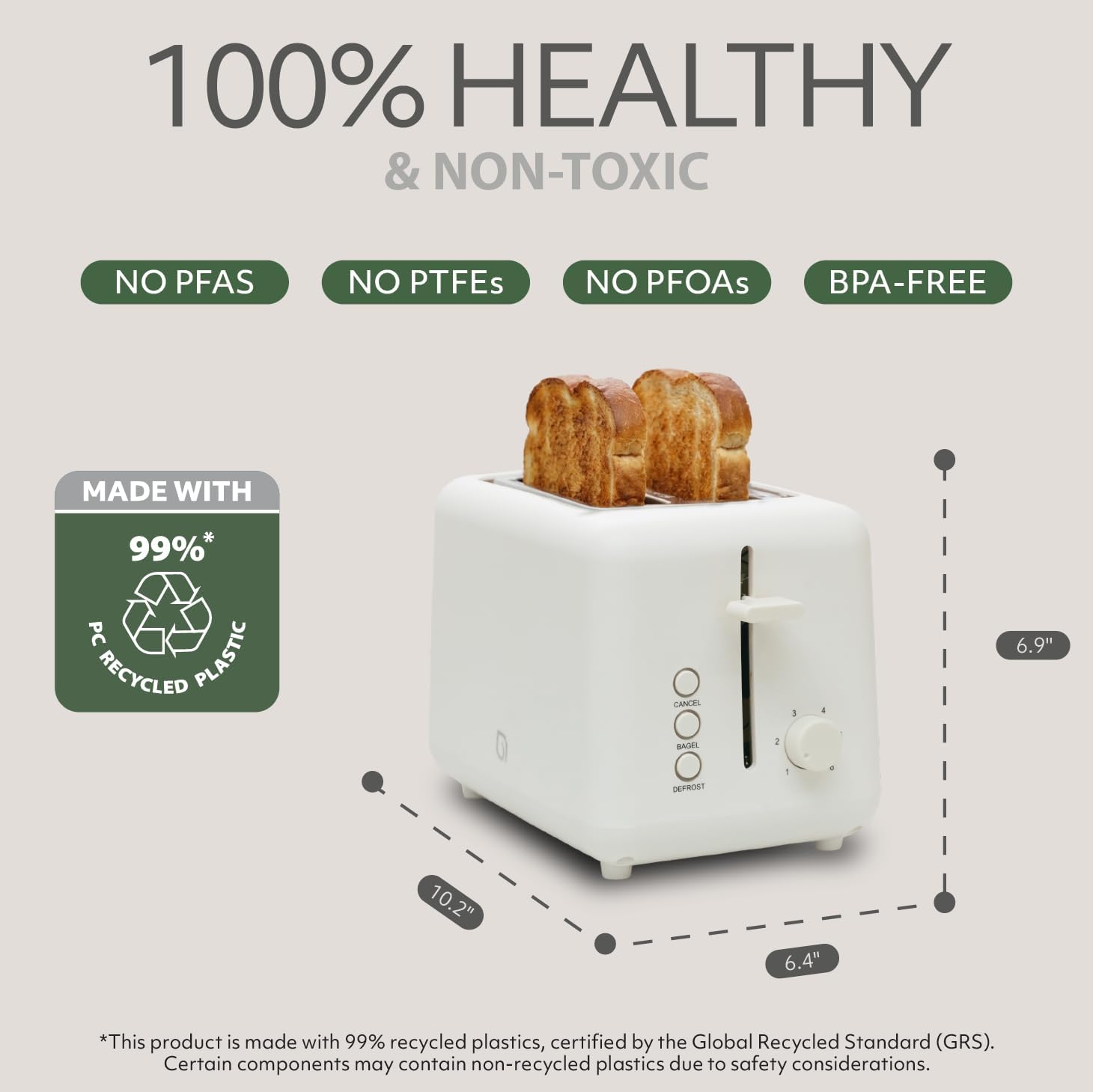 WILLOW Eco Series 2-Slice Toaster, Extra-Wide Slots for Bagels & Artisan Bread, 6 Shade Browning Settings, High-Lift Toast Boost, Removable Crumb Tray, Cancel/Defrost Buttons, Toaster 2 Slice