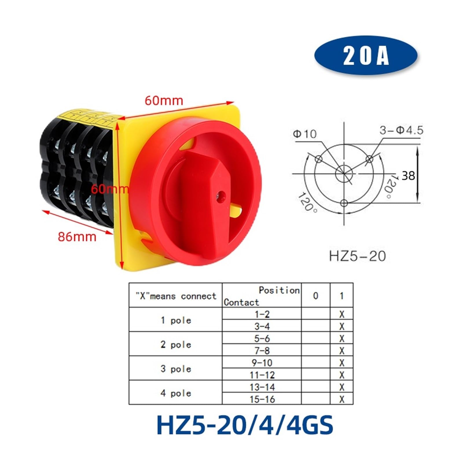 HZ5-20GS Combination Switch 20 A 4 kW 1-4 pôles Two Positions Rotary CAM Changeover Sélecteur (4P 16Terminals)