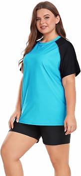TUOPIN Women's Plus Size 2 Piece Swimsuits Short Sleeve Rash Guard UPF 50+ with Boyshort Bottoms, Swim Shirt & Swim Shorts Set