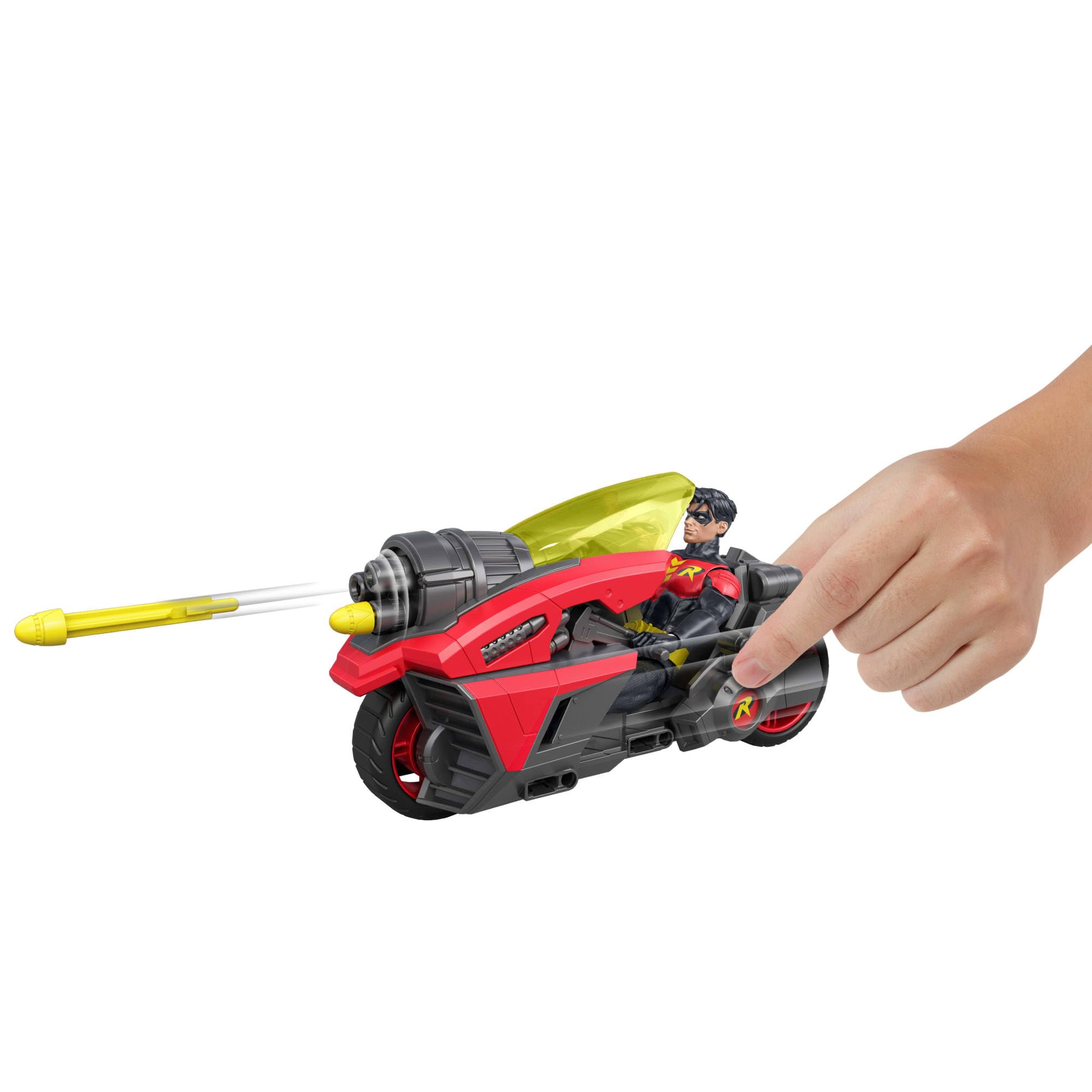 Mattel DC Premier 16,5 cm große Robin-Figur mit Motorrad inklusive Projektilen und exklusiver Deko, Batlink-Motorrad mit Robin-Figur, JMD51