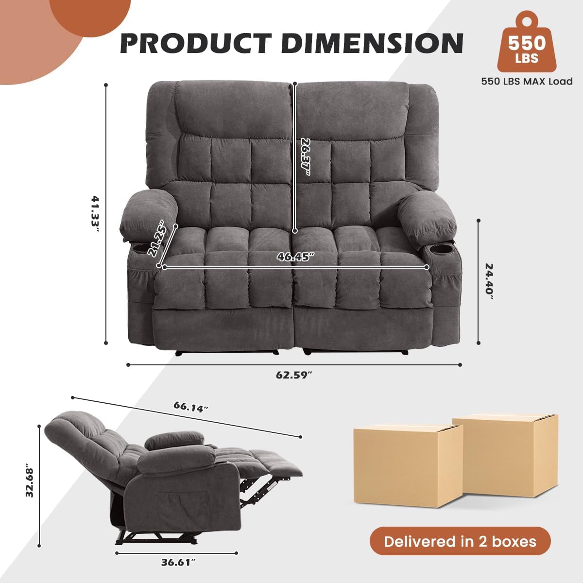 MAHOMICO Recliner Loveseat with Cup Holders for Living Room Love Seat Manual Oversized Recliner with Ergonomic, Side Pocket for Adult view 2