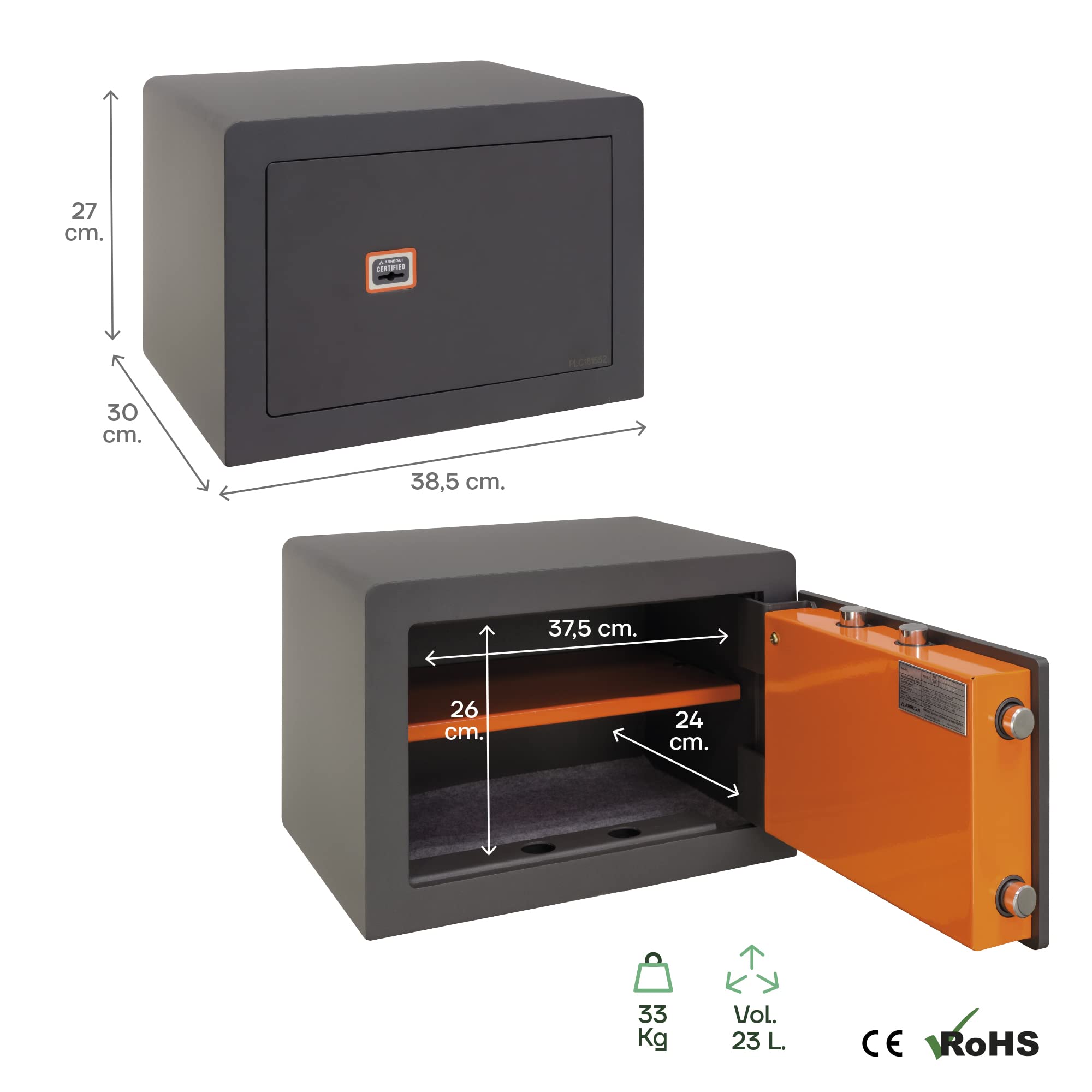 ARREGUI Plus C 180340 Coffre-fort à clé en acier facile d'utilisation | Coffre-fort de sécurité serrure à clé certifiée pour la maison et pour professionel | Armoire forte | 27 x 38,5 x 30 cm | 23L