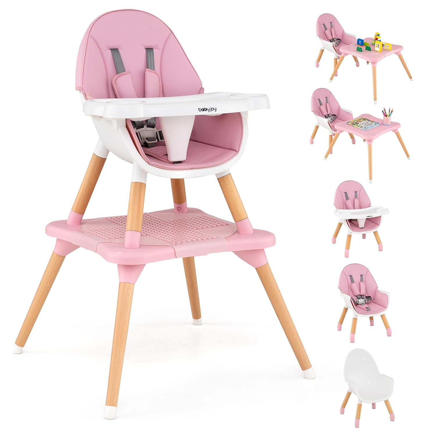  6 in 1 High Chair, Convertible High Chairs for Babies and Toddlers/Booster Seat/Table and Chair Set, Infant Wooden Highchair w/ 5-Point Harness, 4-Position Removable Tray & PU Cushion (Black) thumbnail