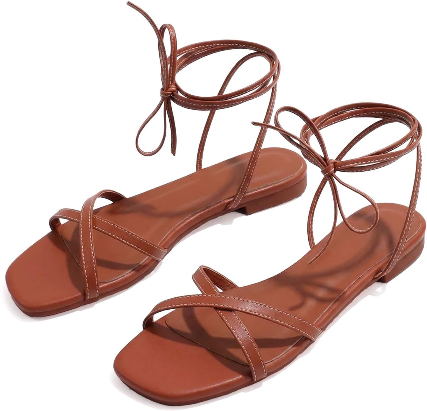 Strappy Flats Sandals for Women Comfortable Square Toe Lace Up Slides Beach Gladiator Wrap Sandal Shoes
