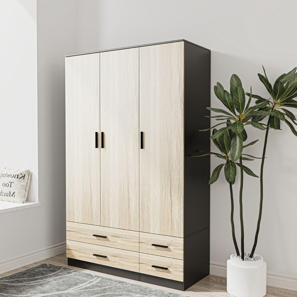 URBNLIVING Modern 3 Door 4 Drawer Wardrobe with Hanging Rail, Bedroom Furniture, Storage Shelf Clothes Organiser Stylish Design, Ample Storage Solution