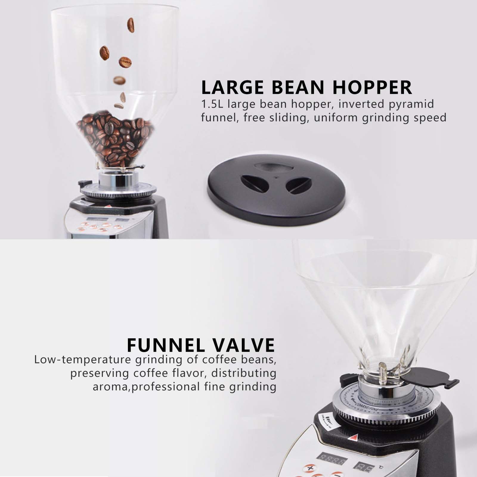 Elektryczny młynek do kawy espresso, wyświetlacz temperatury, elektryczny młynek do kawy 1,5 l, płaskie żarna ze stali nierdzewnej (srebrne)