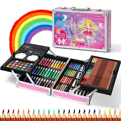 Spardar Pinturas para Niños 145 Piezas Set Deluxe con Caja de Aluminio Portátil, Kit de Dibujo con Pasteles al Óleo, Crayones, Marcadores - Regalo para Artistas Principiantes