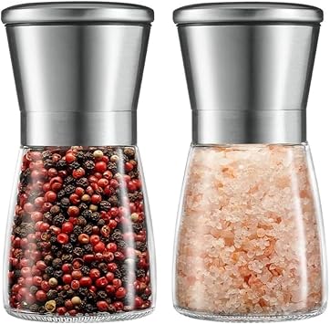 Salt and Pepper Grinder Set - Refillable Sea Salt & Peppercorn Stainless Steel Shakers with Bonus Funnel - Salt and Pepper Mill - 170ml, 5 Inch