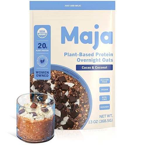Maja Avena orgánica durante la noche, chocolate + proteína de coco, 5 porciones (2.40 oz), avena vegana y sin gluten, deliciosa avena instantánea,