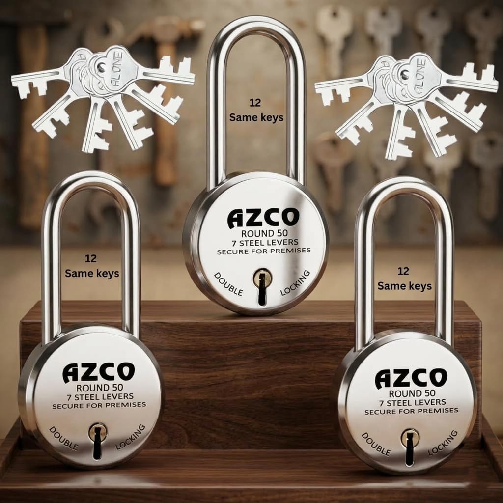 Azco Round Locks 50mm 12 Same Keys with 3 Padlocks | 7 Lever Double Locking Security | Hardened Steel Shackle Lock and Keys for Home Door Shutter Gate Home Office & Shop (Pack of 3)-image-4