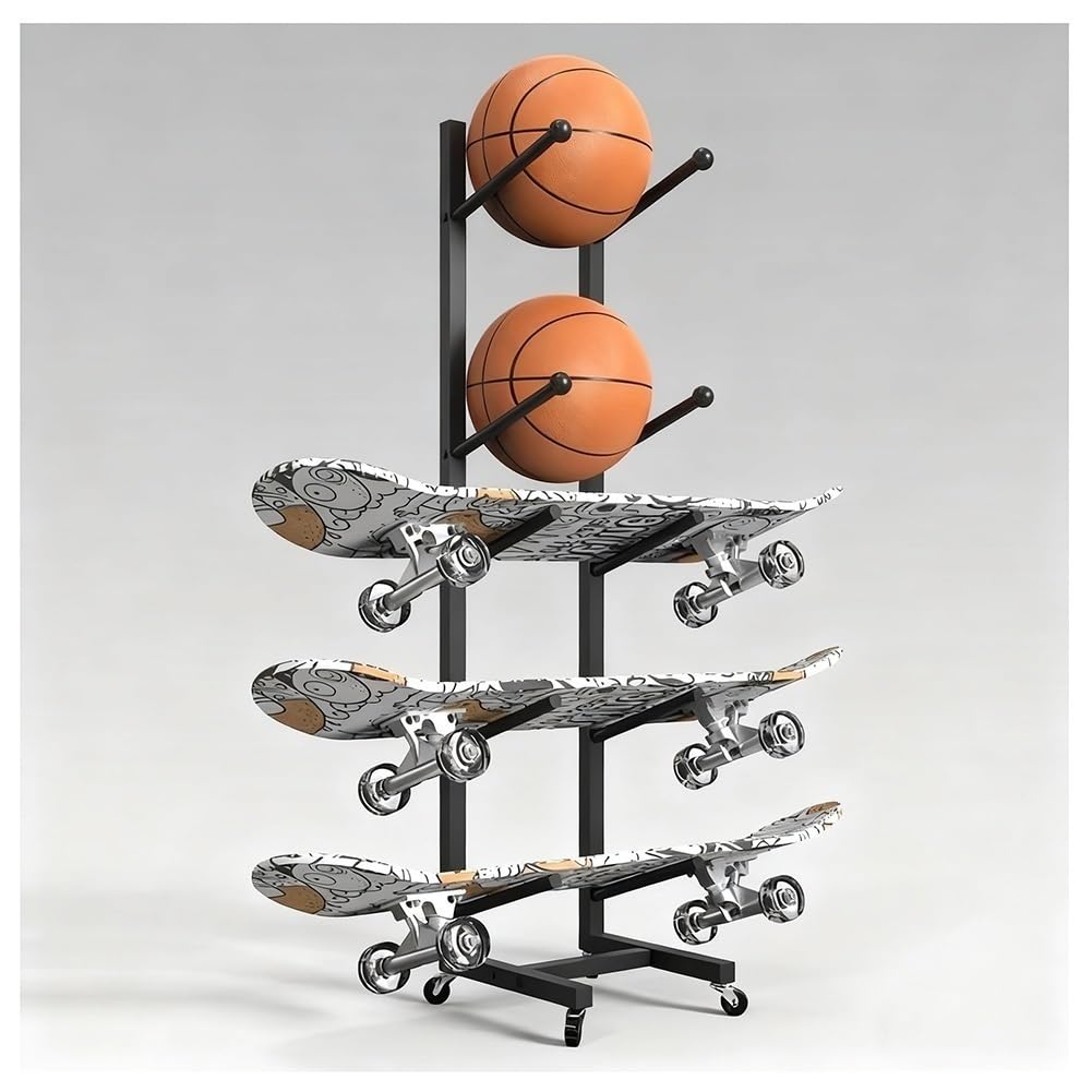 Rack snowboard vertical à niveaux modulables pour sécuriser skateboards et tapis de gym