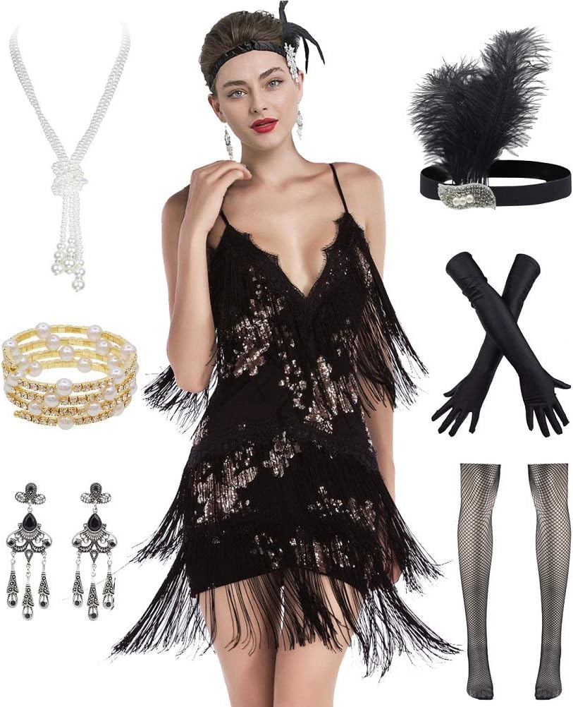 Women's Flapper Dress 1920s Gatsby Tassel Sway Dance Cocktail Dress with 20s Accessories Set