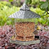 Twinkle Star Wild Bird Feeder Outdoor Hanging for Garden Yard Outside Decoration, Hexagon Shaped with Roof, Silver