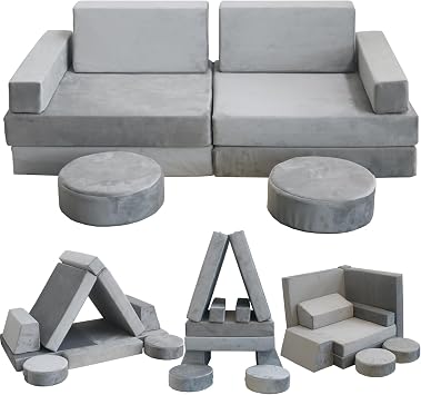 Modular Kids Play Couch, Kids Sectional Couch Sofa, Bedroom and Playroom Convertible Foam for Toddlers, Floor Cushion for Imaginative Boys and Girls Light Grey-Suede