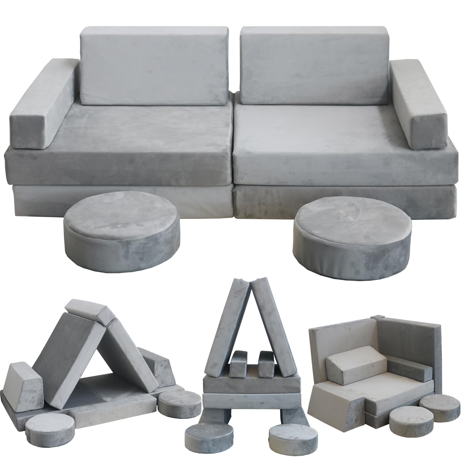 Jadoxy Modular Kids Play Couch, Kids Sectional Couch Sofa, Bedroom and Playroom Convertible Foam for Toddlers, Floor Cushion for Imaginative Boys and Girls (Light Grey-Suede)