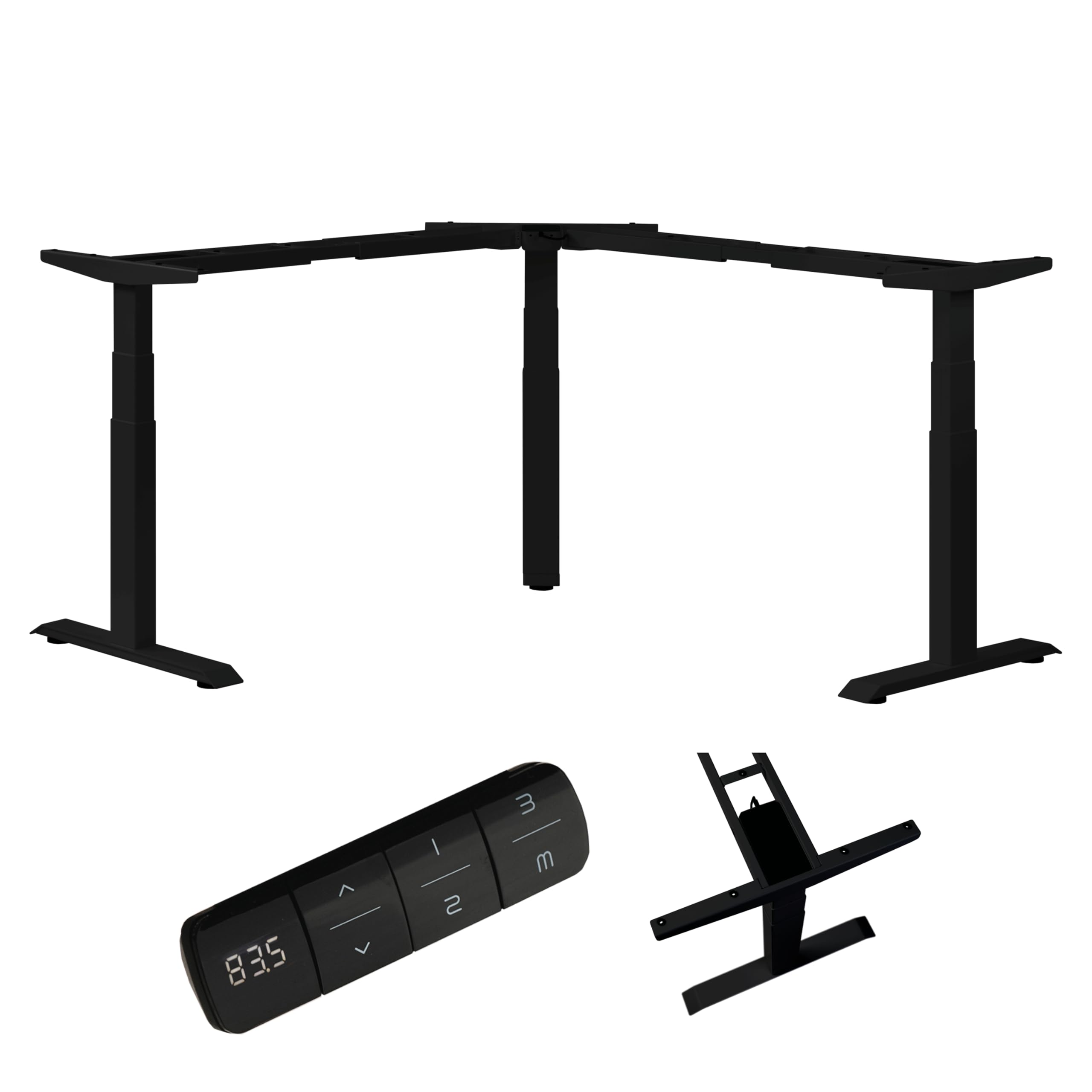 boho office® Höhenverstellbarer Schreibtisch Gestell - Elektrisch stufenlos, Eckschreibtisch mit 3 Motoren 50 mm/Sek, 3-Fach Teleskop, stabil, Memoryfunktion, Kollisionsschutz - Basic Line 90 Schwarz