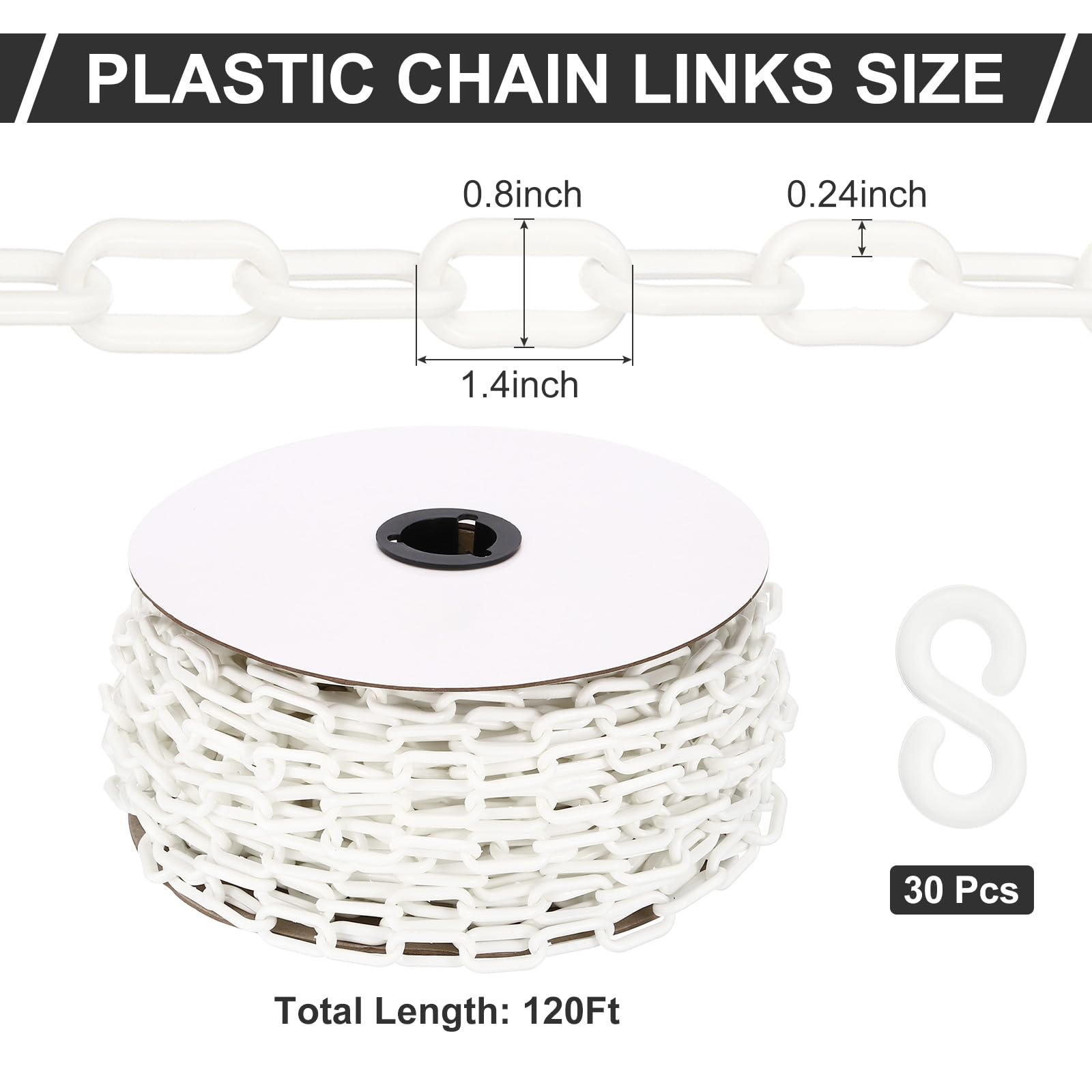 PATIKIL Chaîne en Plastique, 120 Pieds de Chaîne de Sécurité pour le Contrôle des Foules, Maillons de Chaîne en Plastique Blanc de 1/4 Pouce (6 mm) pour Files d'Attente, Stationnement