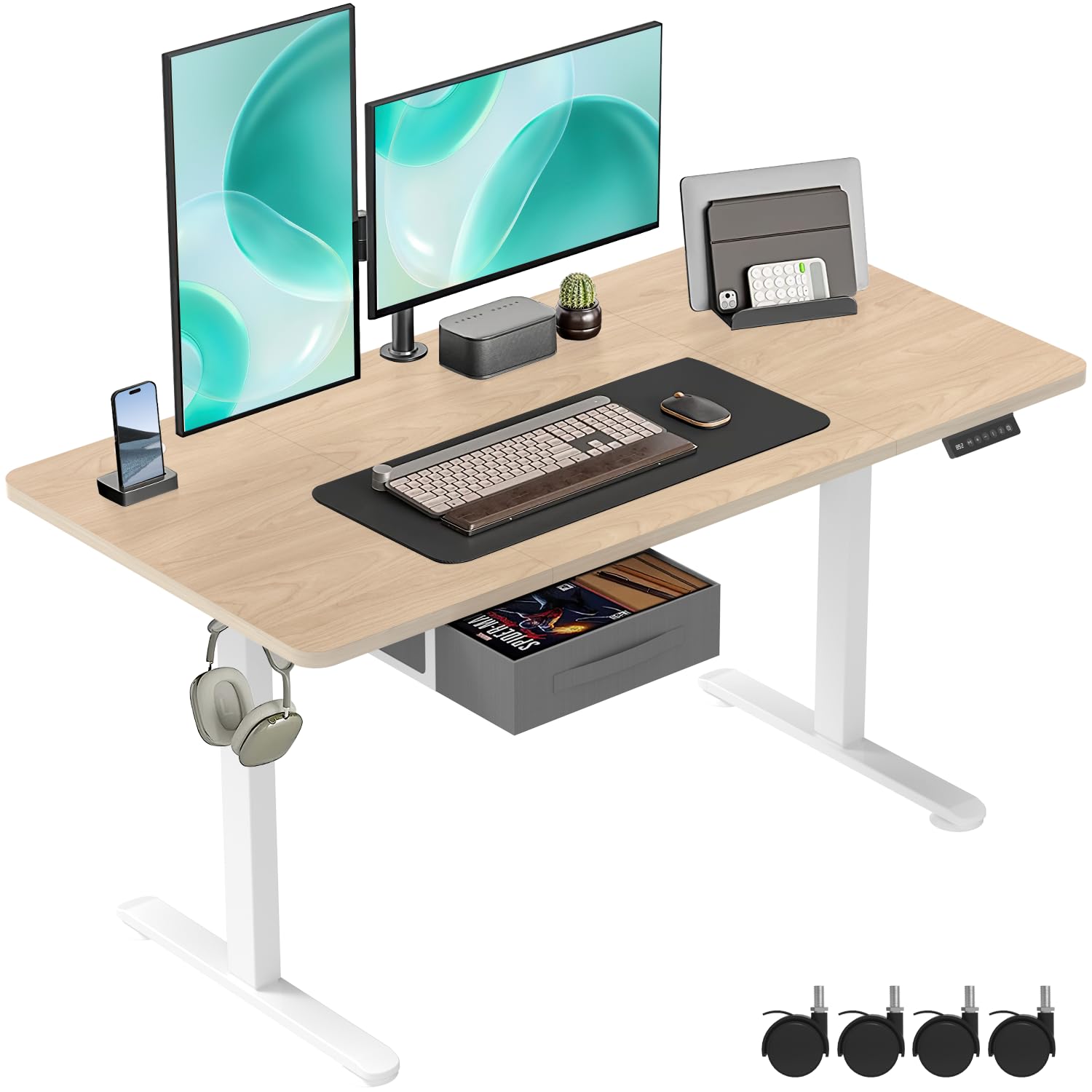 Devoko Electric Standing Desk 140x60cm with Drawers, Height Adjustable Desk Ergonomic Stand up Desk with 2 Memory Preset and Sedentary Reminder, Beige