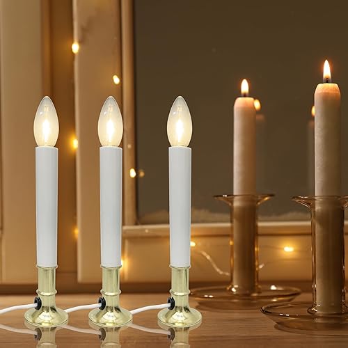 Miniatura 6 de SUNSGNE Luces eléctricas de Navidad para ventana con sensor automático, lámparas de vela del atardecer al amanecer con base chapada en oro, luces de