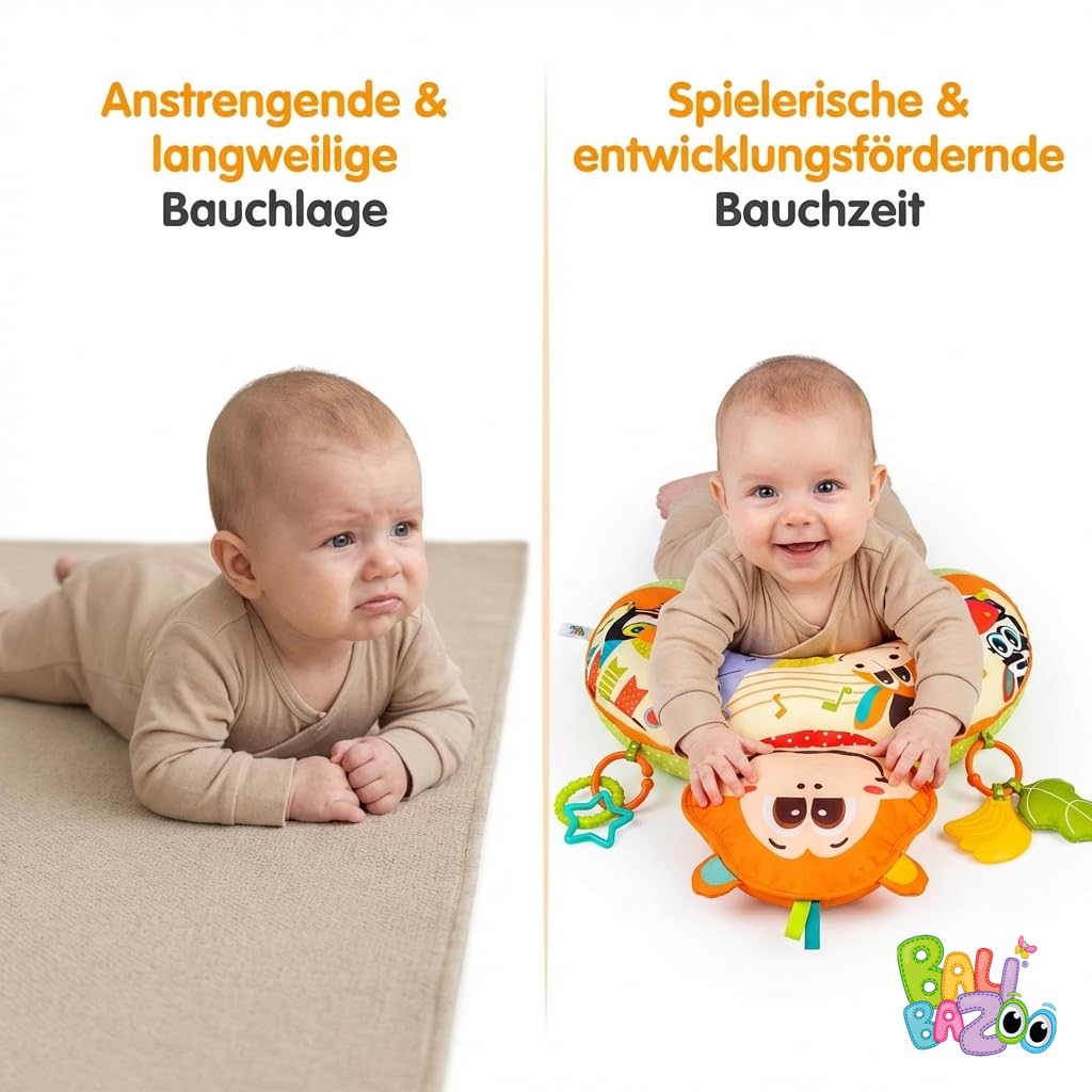 BALIBAZOO Tummy Time Bauchlage Kissen Baby - BPA-Frei Spielkissen ab 0+ Monaten - Sensorisch Bauchkissen mit Knisterpapier, Beißring, Quietscher und Rassel - Ideal zur Förderung der Bauchlage