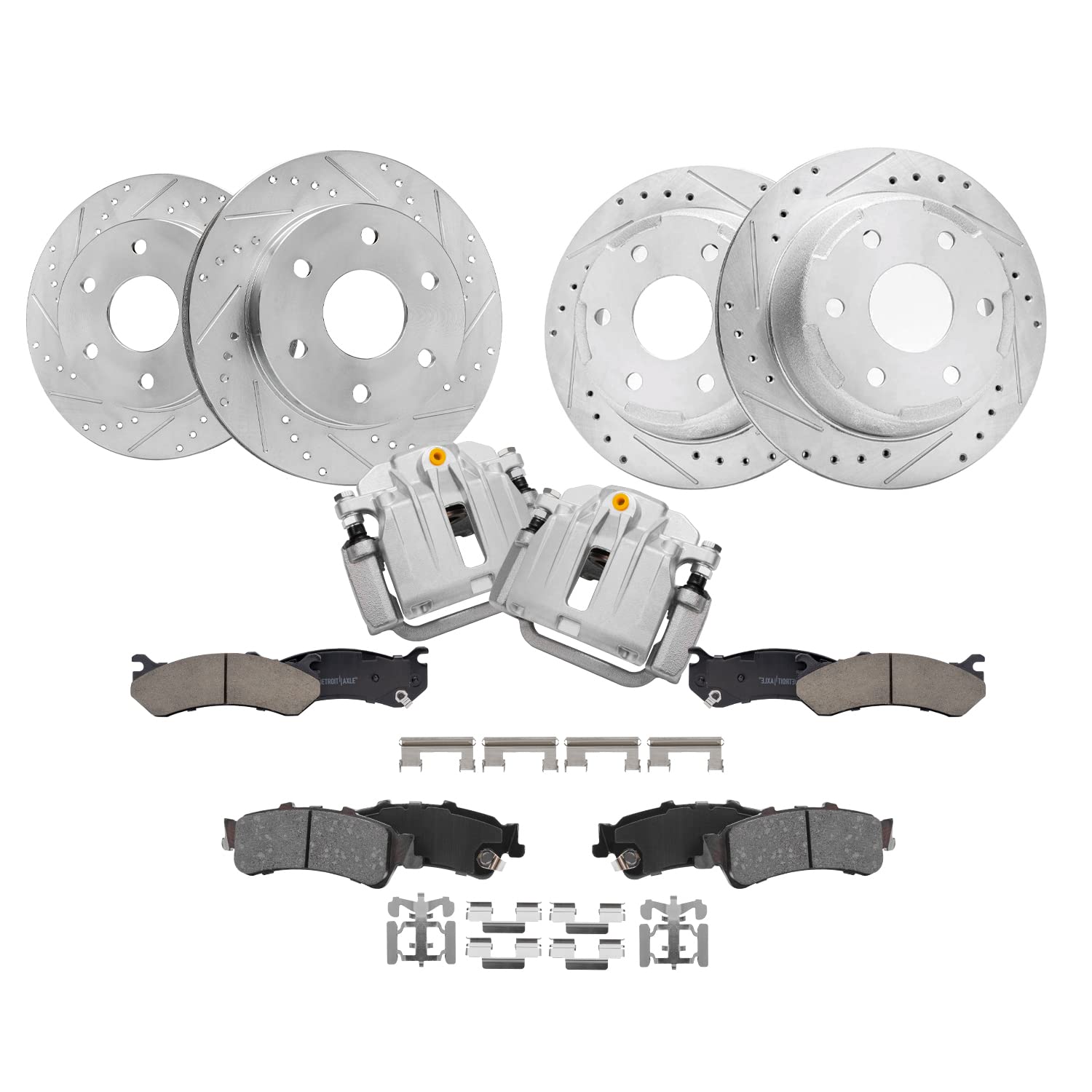 Detroit Axle - Front &amp; Rear Drilled Rotors Ceramic Brake Pads + Rear Brake | Calipers Replacement for 2003 2004 2005 2006 Chevrolet GMC Silverado Sierra 1500