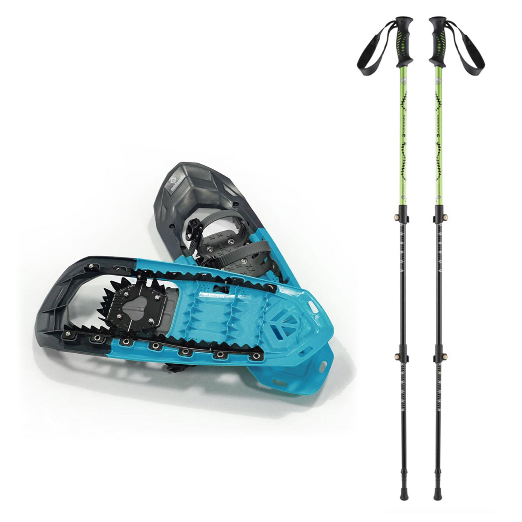 outdoorer SnowClimber Racchette da neve con rilegatura a cricchetto e supporto per salire in blu, 25 pollici con bastoncini Ferrino in alluminio (compresi piatti invernali)