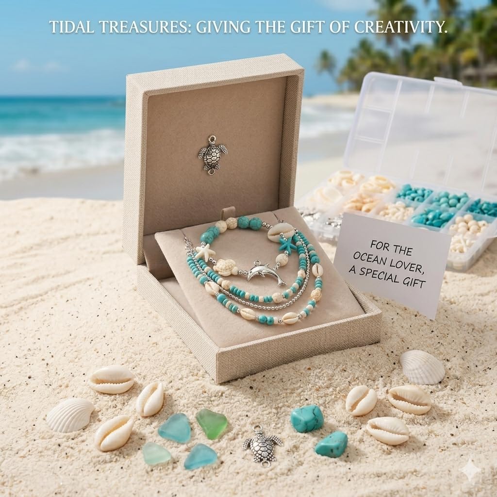 490+PCS Ocean Jewelry Making Kit, Turquoise Sea Turtle Starfish Beads and Shell Charms, Beach Bracelet Making Kit with A Elastic String, Sea Animal Beads for DIY Bracelets Necklaces（490+pcs）